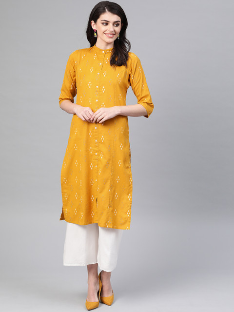 

Sangria Women Mustard Yellow & Off-White Printed Straight Kurta