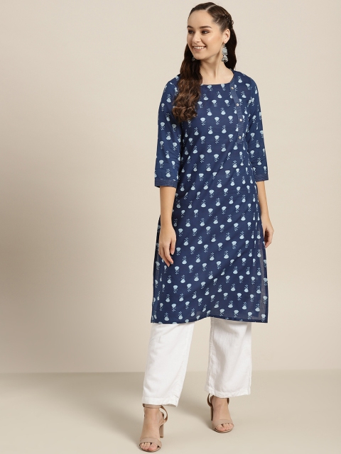 

Sangria Women Navy Blue & White Printed Straight Kurta