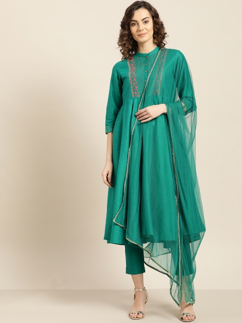 

Sangria Women Green & Pink Yoke Design Anarkali Kurta with Trousers & Dupatta