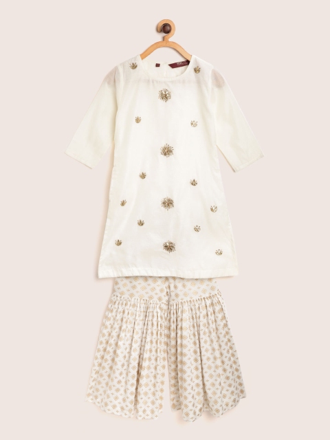 

Sangria Girls Off-White & Golden Embroidered Kurta with Sharara