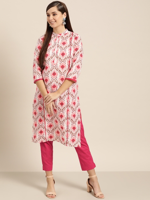 

Sangria Women Off-White & Pink Printed Kurta with Trousers
