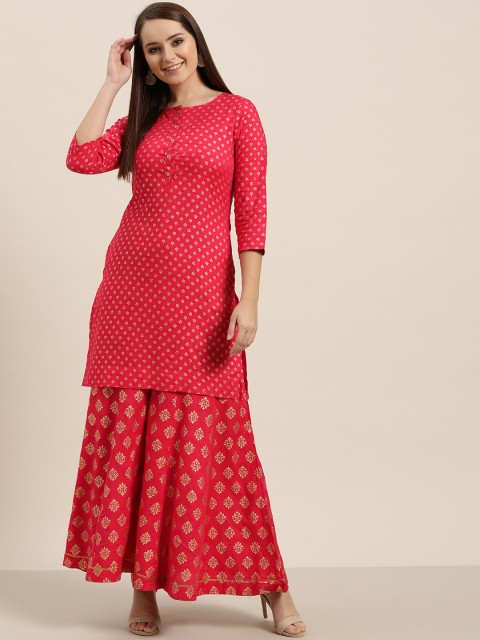

Sangria Women Coral Red & Golden Printed Kurta with Palazzos