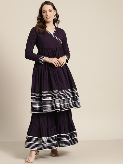 

Sangria Women Purple Solid Angrakha Kurta with Sharara