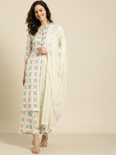 

Sangria Women Off-White & Blue Bandhani Print Kurta with Palazzos & Dupatta