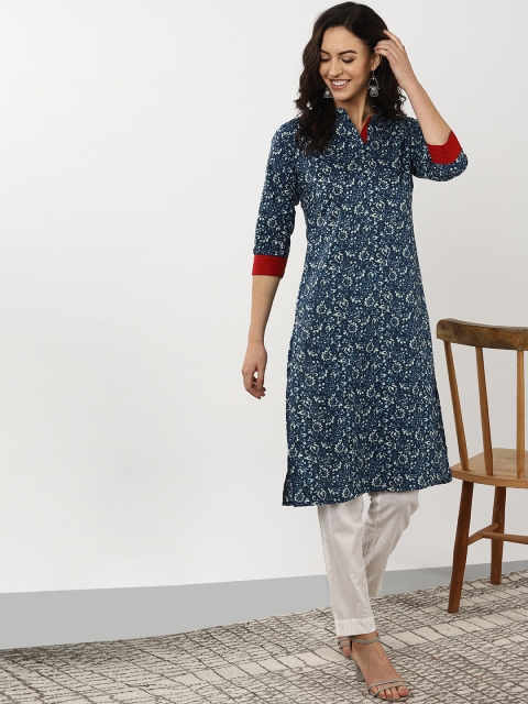 

Sangria Women Navy Blue & Off-White Printed Straight Kurta