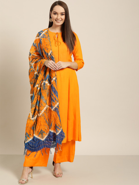 

Sangria Women Orange & Blue Yoke Design Kurta with Palazzos & Dupatta