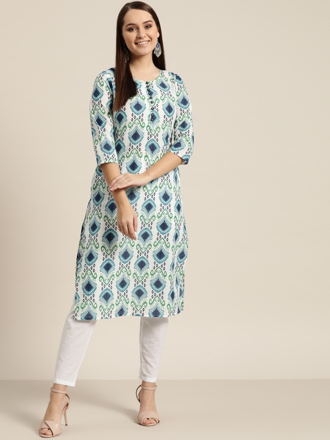 

Sangria Women White & Blue Printed Straight Kurta