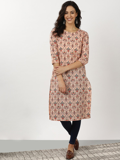 

Sangria Women Peach-Coloured & Coffee Brown Printed Straight Kurta