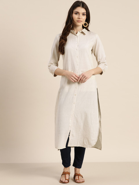 

Sangria Women Beige & Grey Striped Straight Kurta