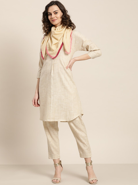 

Sangria Women Beige Self Design Kurta with Trousers With Scarf