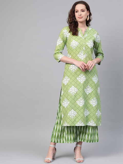 

Sangria Women Green & White Printed Kurta with Palazzos
