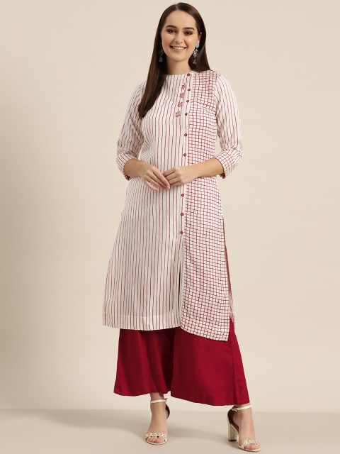 

Sangria Women White & Maroon Striped Straight Kurta with Palazzos