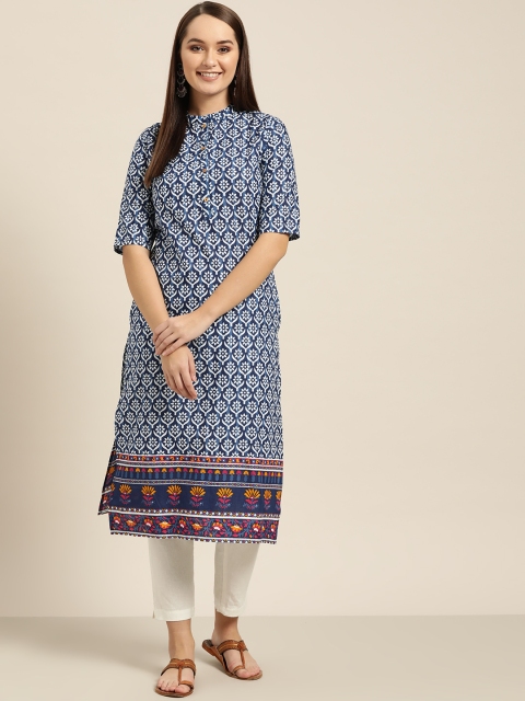 

Sangria Women Blue & White Printed Straight Kurta