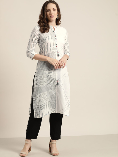 

Sangria Women White & Black Printed Straight Kurta