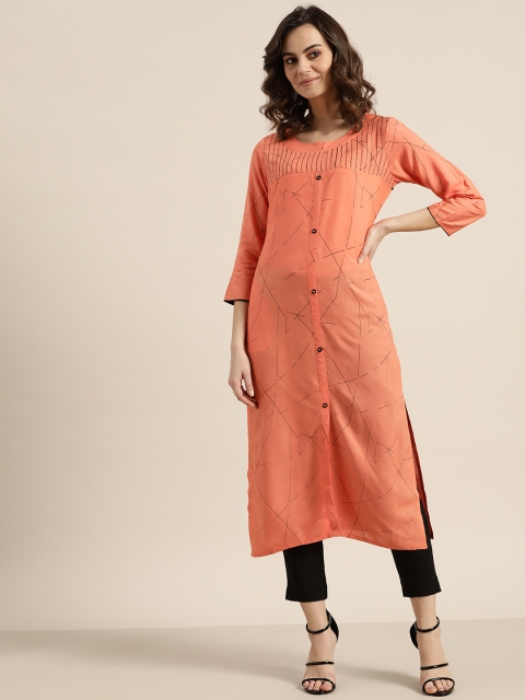 

Sangria Women Peach-Coloured & Black Printed Straight Kurta