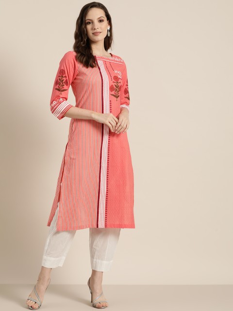 

Sangria Women Peach-Coloured & White Striped Straight Kurta