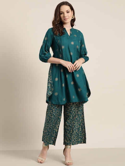 

Sangria Women Teal Blue & Golden Printed Kurta with Palazzos