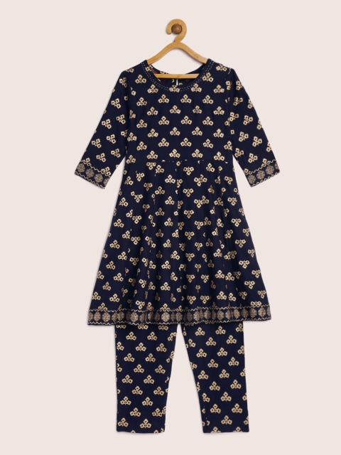 

Sangria Girls Navy Blue & Gold Printed Kurta with Trousers