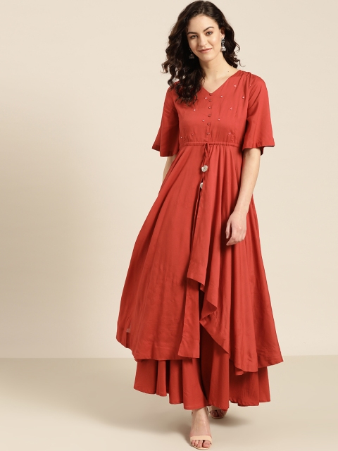 

Sangria Women Rust Red Yoke Design Kurta with Palazzos
