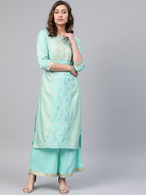 

Sangria Women Blue & Golden Printed Kurta with Palazzos