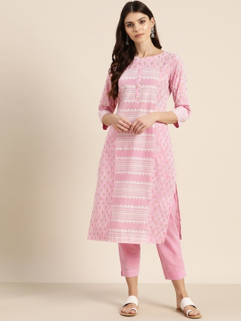 

Sangria Women Pink & White Printed Kurta with Trousers