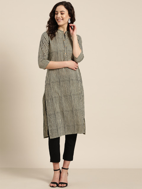 

Sangria Women Beige & Black Striped Kurta with Trousers