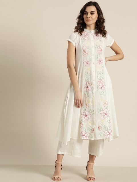 

Sangria Women Off-White & Red Embroidered Kurta with Palazzos