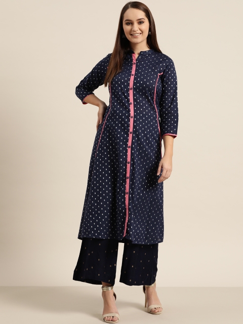 

Sangria Women Navy Blue & White Self Design Kurta with Palazzos