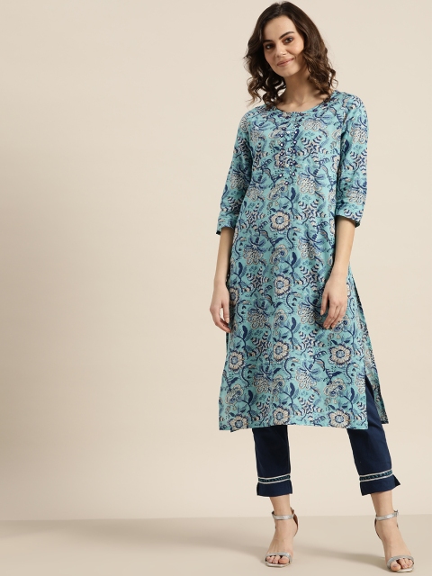 

Sangria Women Blue & Beige Printed Kurta with Trousers