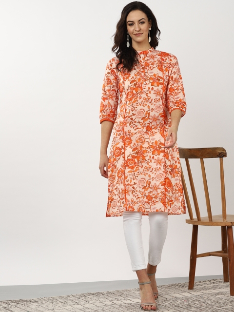 

Sangria Women Peach-Coloured & Orange Floral Printed Straight Kurta