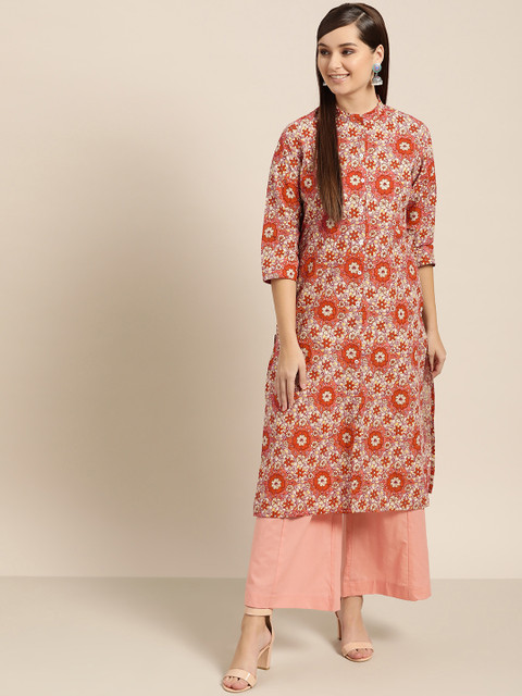 

Sangria Women Coral Pink & Off-White Printed Kurta with Palazzos