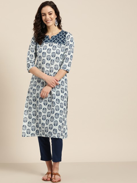 

Sangria Women Off-White & Navy Blue Printed Kurta with Trousers