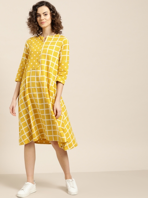 

Sangria Women Mustard Yellow & White Checked A-Line Dress