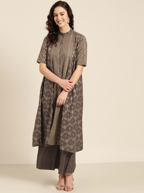 

Sangria Women Charcoal Grey & Golden Printed Kurta with Palazzos