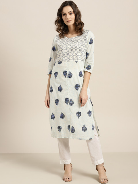

Sangria Women White & Blue Printed Straight Kurta