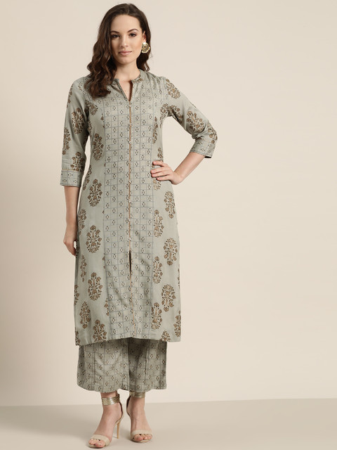 

Sangria Women Grey & Golden Printed Kurta with Palazzos