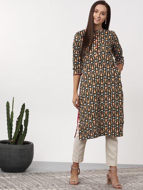 

Sangria Women Olive Green & White Printed Straight Kurta