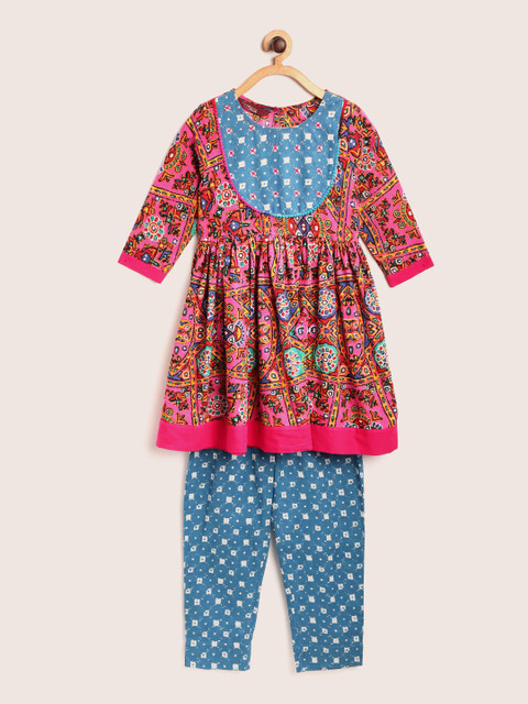 

Sangria Girls Pink & Blue Printed Kurta with Trousers