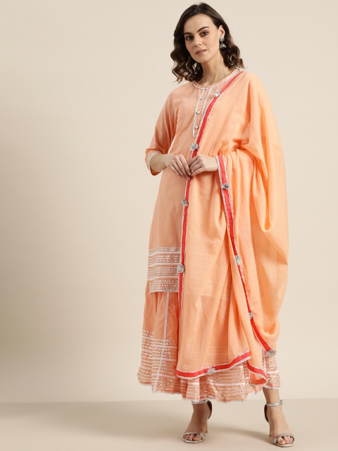 

Sangria Women Peach-Coloured Solid Kurta with Skirt & Dupatta