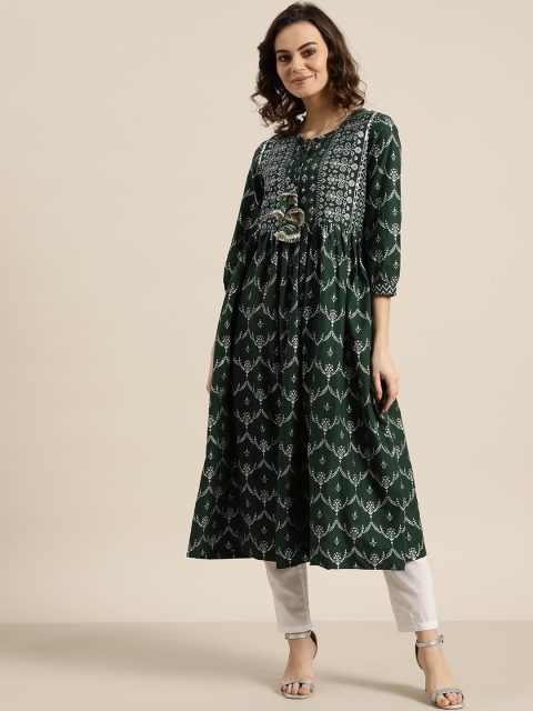 

Sangria Women Green & Silver Printed A-Line Kurta