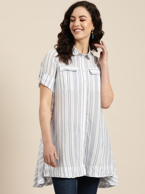 

Sangria Women White & Blue Striped Pure Cotton Top