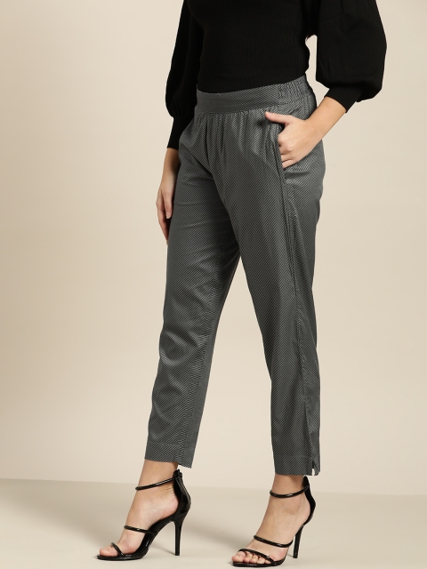 

Sangria Women Charcoal Grey & Black Regular Fit Striped Trousers