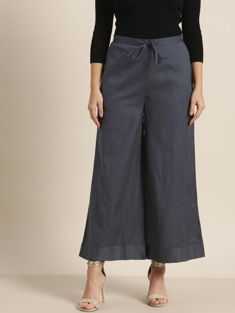 

Sangria Women Charcoal Grey Solid Wide Leg Palazzos