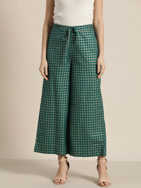 

Sangria Women Teal Green & Golden Checked Wide Leg Cropped Palazzos
