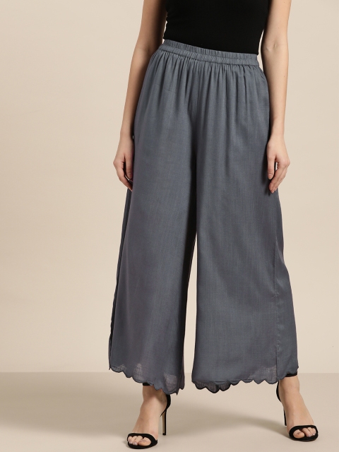 

Sangria Women Charcoal Grey Solid Wide Leg Palazzos