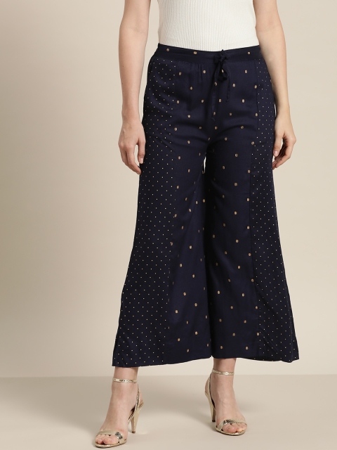 

Sangria Women Navy Blue & Golden Printed Wide Leg Palazzos