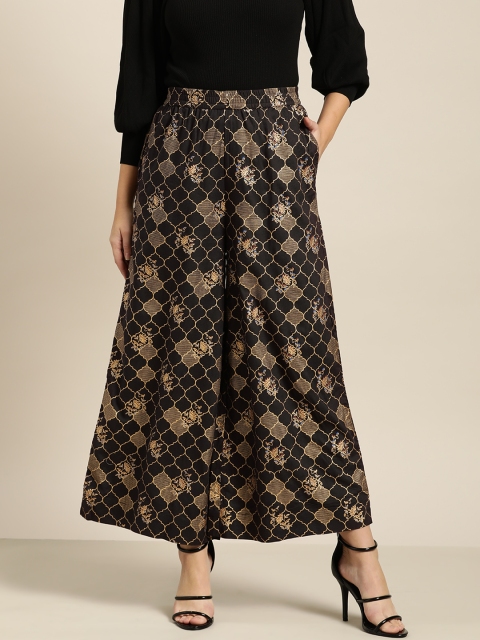 

Sangria Women Charcoal Grey & Golden Printed Wide Leg Palazzos