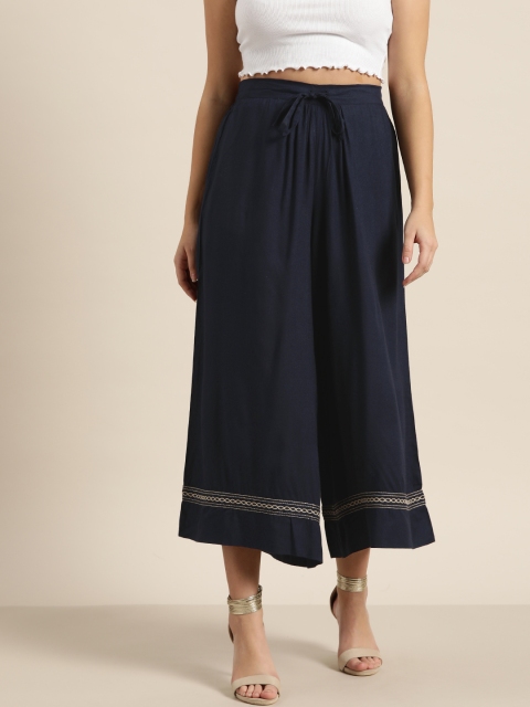 

Sangria Women Navy Blue Hem Design Flared Palazzos
