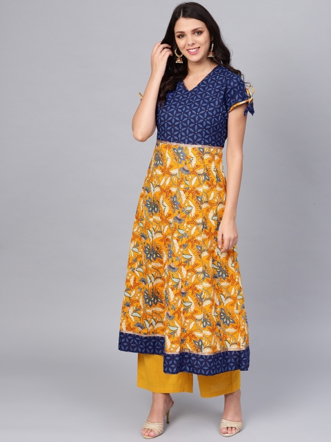 

Divena Women Mustard Yellow & Blue Printed A-Line Kurta