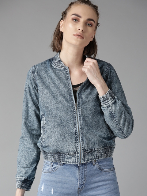 

Roadster Women Blue Solid Denim Bomber Jacket